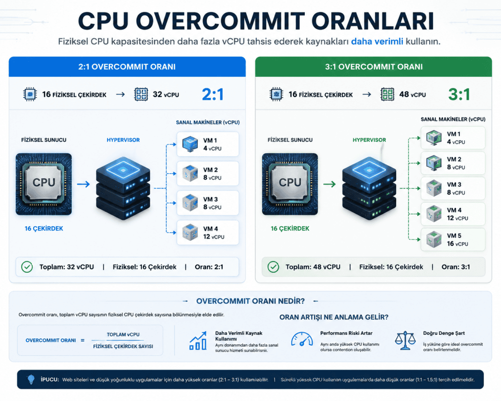 CPU Overcommit Nedir oranları ve fiziksel CPU ile vCPU ilişkisi
