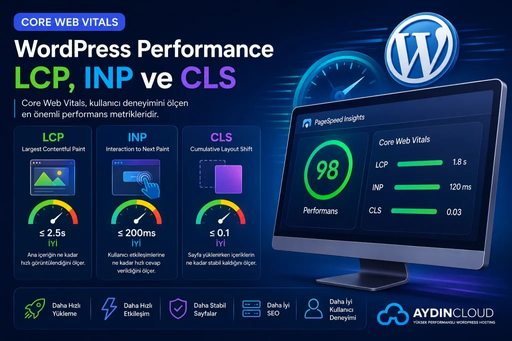 LCP yükleme performansını, INP etkileşim hızını, CLS ise sayfa stabilitesini ölçer.