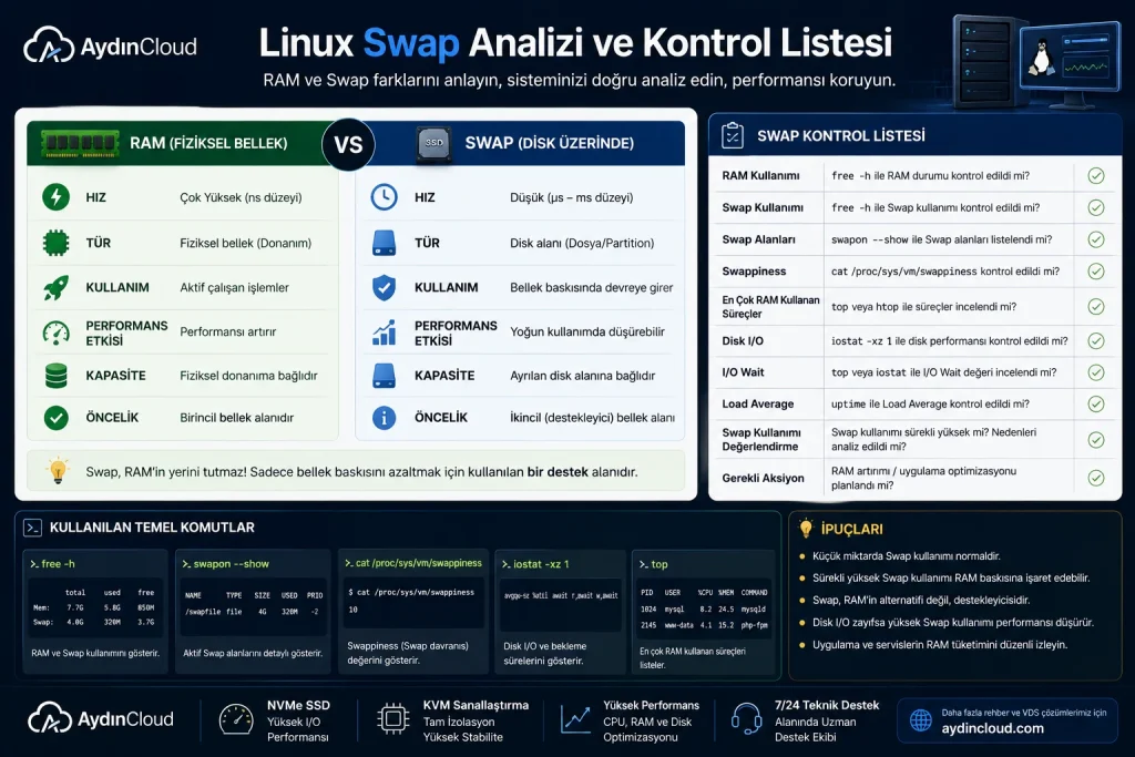 Linux Swap, RAM, Swappiness, Disk I/O ve Load Average kontrol listesini gösteren infografik