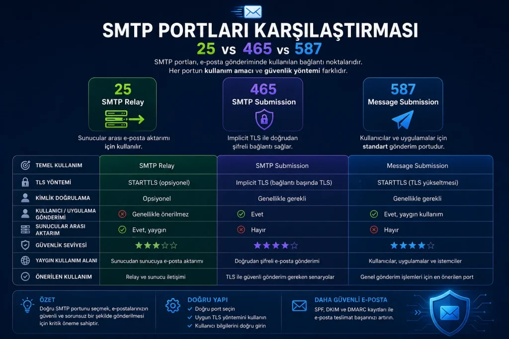 SMTP portları 25 465 ve 587 karşılaştırması