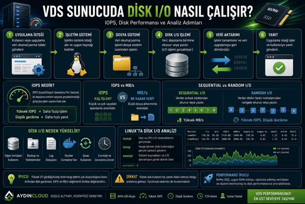 VDS sunucuda Disk I/O çalışma süreci ve IOPS analizi