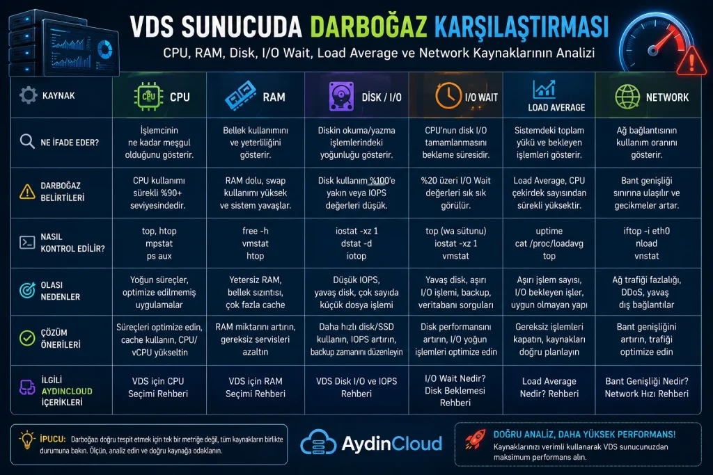 VDS sunucuda CPU RAM Disk I/O I/O Wait Load Average ve Network darboğaz karşılaştırması