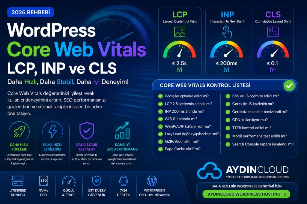 WordPress Core Web Vitals optimizasyonunda LCP, INP, CLS ve diğer performans kriterlerini birlikte kontrol edin.
