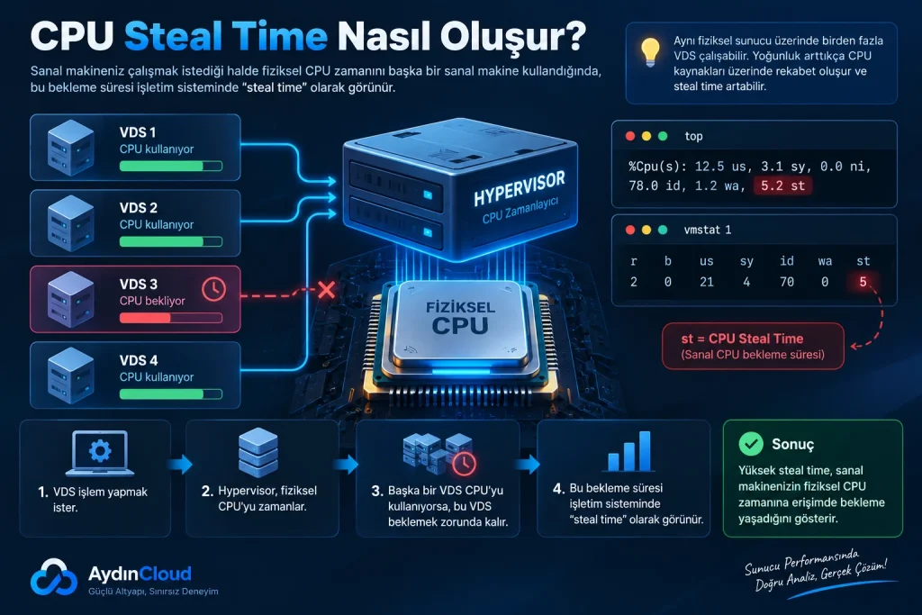 CPU Steal Time Linux top vmstat mpstat analizi