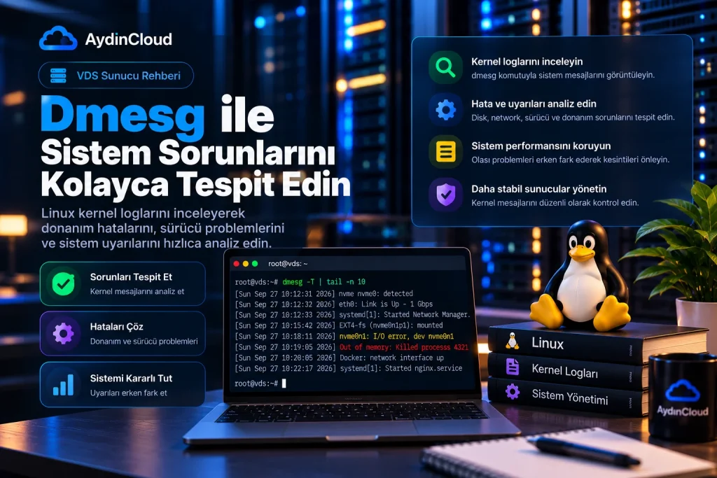 Dmesg ile Linux sistem sorunlarının analiz edildiği AydınCloud sunucu ortamı