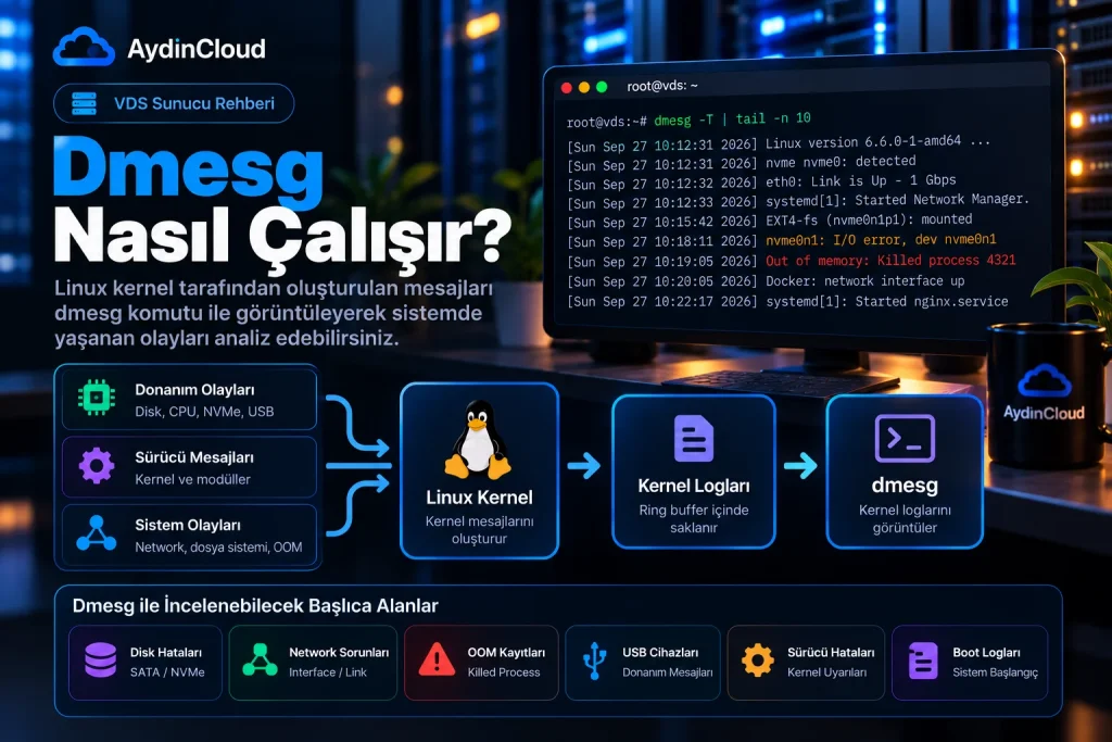Dmesg nasıl çalışır sorusunu gösteren Linux kernel ve kernel log akışı