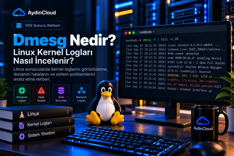 Dmesg nedir sorusunu açıklayan Linux kernel logları ve sistem hata analizi ekranı