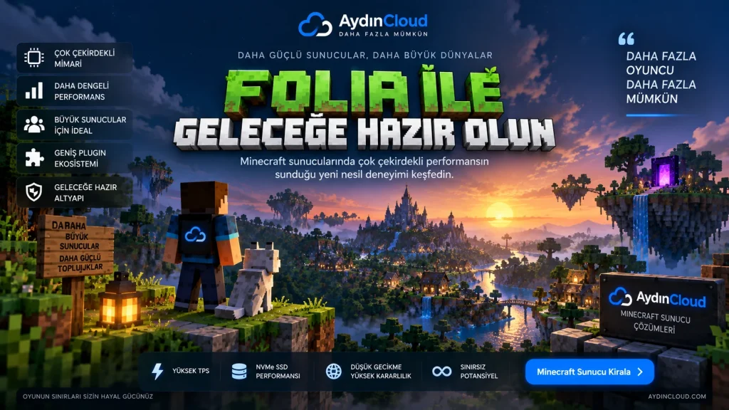 Folia ile yüksek performanslı Minecraft sunucuları için çok çekirdekli işlemci desteğini ve ölçeklenebilir altyapıyı gösteren AydınCloud görseli.
