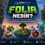 Folia nedir? Minecraft sunucularında çok çekirdekli performans sağlayan Folia mimarisini gösteren AydınCloud teknik rehber görseli.