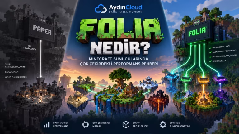 Folia nedir? Minecraft sunucularında çok çekirdekli performans sağlayan Folia mimarisini gösteren AydınCloud teknik rehber görseli.