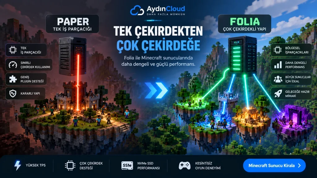Folia ve Paper sunucu yazılımlarının tek çekirdek ile çok çekirdek mimarisini karşılaştıran Minecraft teknik infografiği.