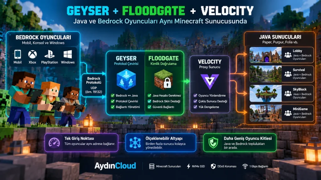Geyser Floodgate ve Velocity kullanılarak Java ve Bedrock Minecraft oyuncularının aynı sunucu ağına bağlanmasını gösteren mimari