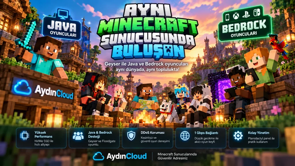 Geyser ile Java ve Bedrock Minecraft oyuncularının aynı dünyada buluştuğu AydınCloud Minecraft sunucusu