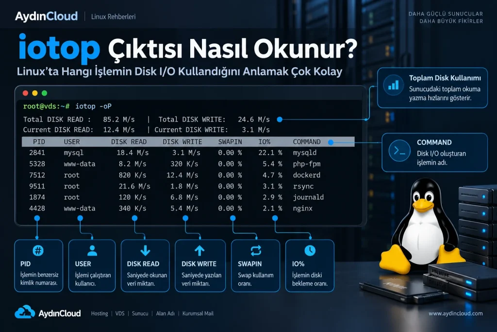 iotop çıktısı nasıl okunur? PID, USER, Disk Read, Disk Write, SWAPIN ve IO sütunlarının açıklaması.