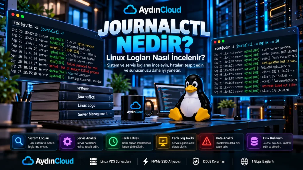 Journalctl ile Linux loglarının incelendiği AydınCloud sunucu ortamı