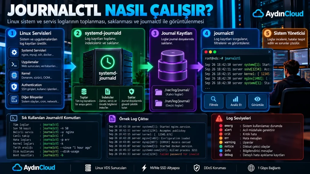 Journalctl nasıl çalışır sorusunu gösteren systemd-journald Linux log akışı