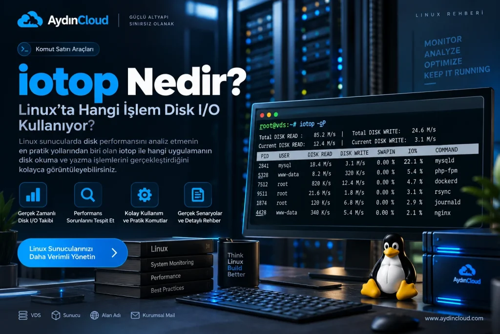 iotop ile Linux sunucularda Disk I/O analizi yapan AydınCloud VDS performans rehberi.
