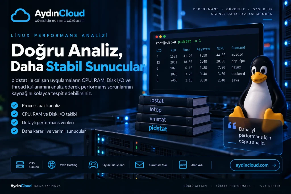 pidstat komutu ile Linux sunucularda process bazlı CPU, RAM ve Disk I/O analizini gösteren AydınCloud performans rehberi.