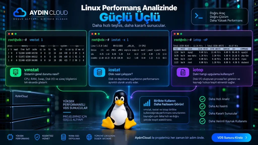 vmstat, iostat ve iotop araçlarıyla Linux sunucularda performans analizi yapan AydınCloud teknik rehberi.
