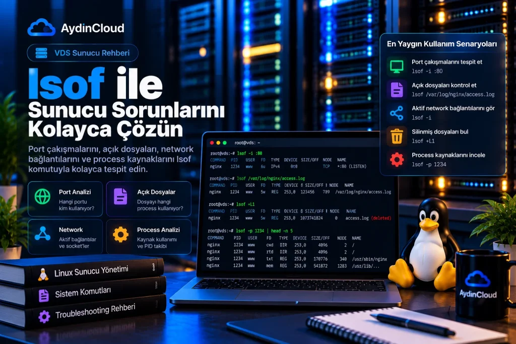 lsof ile Linux sunucu sorunlarının analiz edildiği AydınCloud ortamı