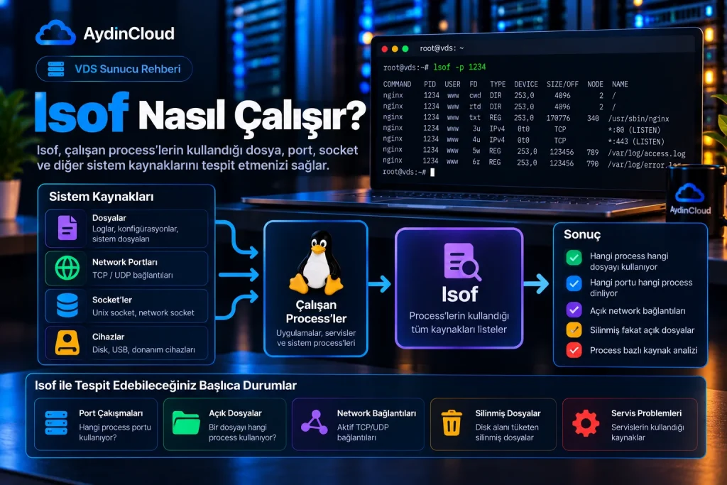 lsof nasıl çalışır sorusunu gösteren Linux process, dosya ve port ilişkisi