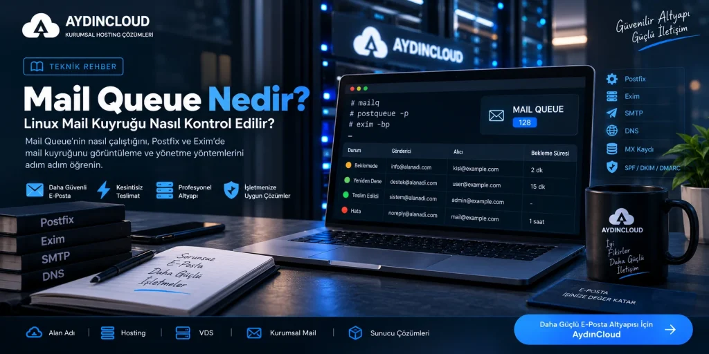 Mail Queue yönetimi ile güvenli kurumsal e-posta altyapısını ve Linux mail sunucularını gösteren AydınCloud görseli.