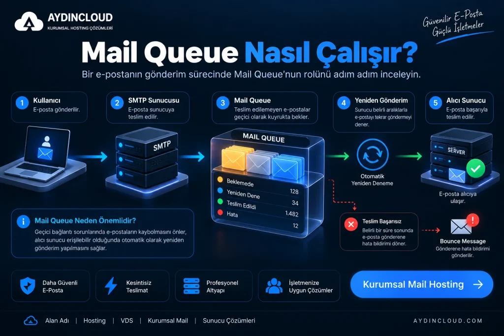 Mail Queue'nin SMTP sunucusundan alıcıya kadar e-posta teslim sürecini gösteren Linux mail sunucusu infografiği.
