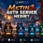 Metin2 Auth Server nedir? Oyuncu giriş doğrulama sürecini ve sunucu mimarisindeki görevini gösteren AydınCloud teknik rehber görseli.