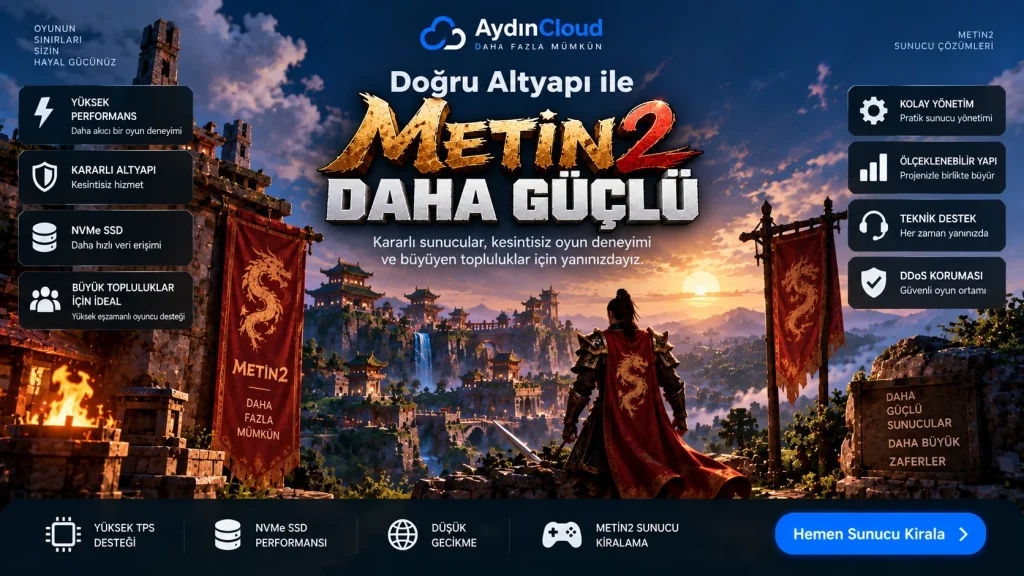 Metin2 Auth Server ile güvenli oyuncu girişi, yüksek performans ve ölçeklenebilir sunucu altyapısını gösteren AydınCloud görseli.