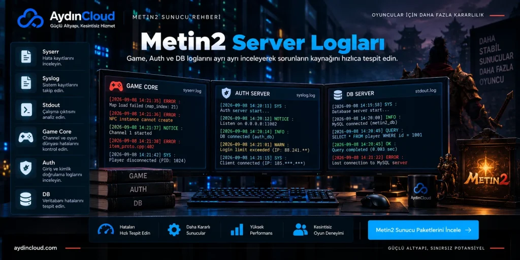 Metin2 server logları syserr syslog ve Game Auth DB analizi
