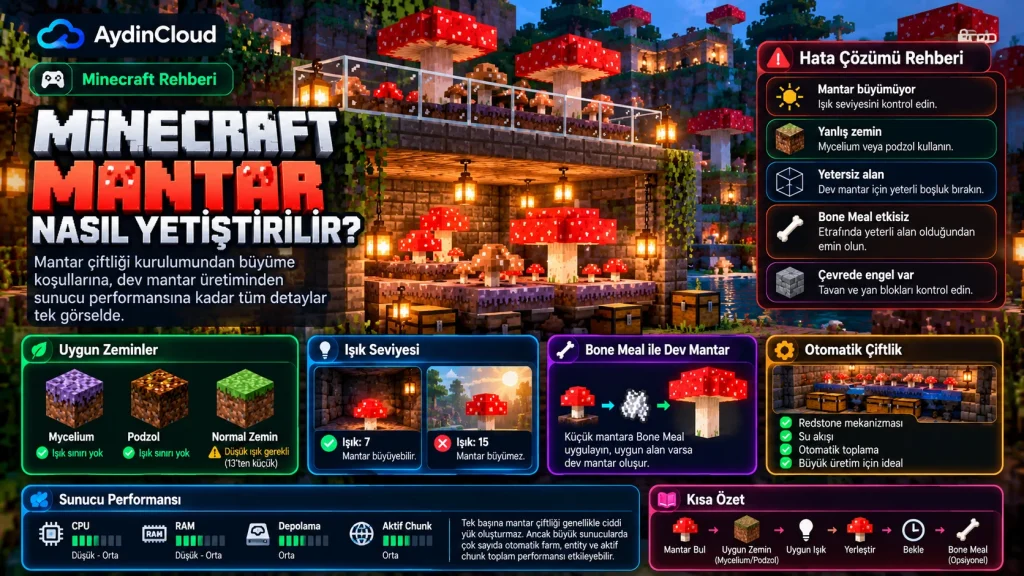 Minecraft mantar çiftliği kurulumunda ışık, zemin, Bone Meal ve performans kontrolü