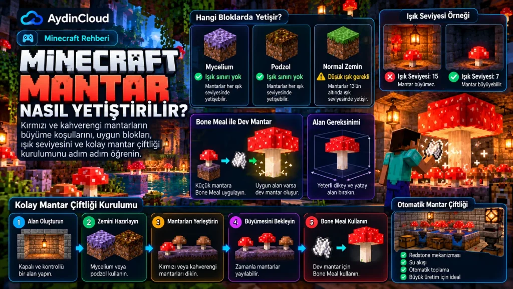 Minecraft mantar yetiştirme için ışık seviyesi ve uygun blokları gösteren infografik