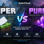 Paper vs Purpur karşılaştırmasını gösteren Minecraft sunucu yazılımı performans rehberi ve AydınCloud teknik infografiği.