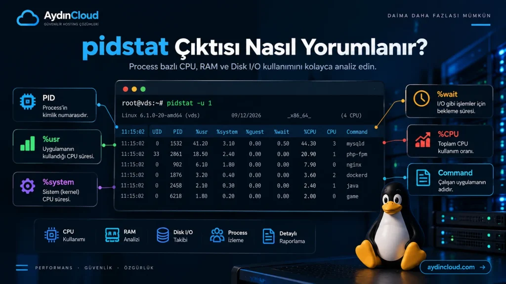pidstat komutu ile Linux sistemlerde process bazlı CPU, RAM, Disk I/O ve thread kullanımının analizini gösteren teknik infografik.