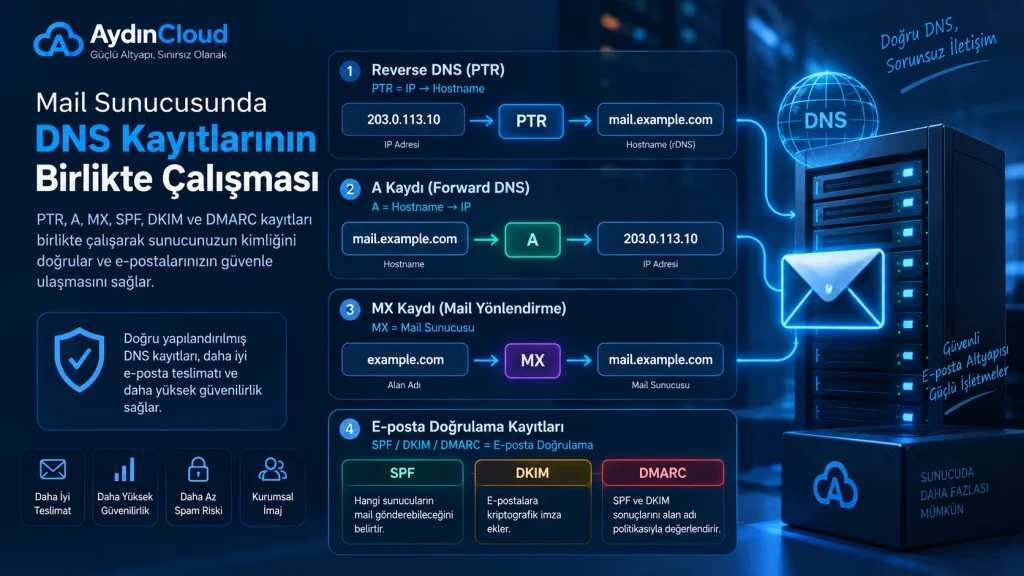 PTR kaydı ile A, MX, SPF, DKIM ve DMARC ilişkisi