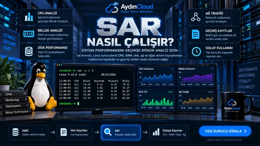 sar komutunun CPU, RAM, disk, ağ ve geçmiş performans kayıtlarını analiz etme sürecini gösteren Linux teknik infografiği.