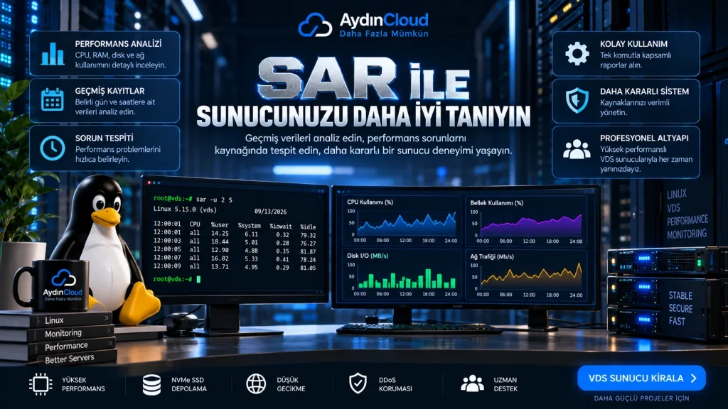 sar komutu ile Linux sunucularda geçmiş performans kayıtlarını analiz ederek CPU, RAM, disk ve ağ kullanımını izlemeyi gösteren AydınCloud görseli.