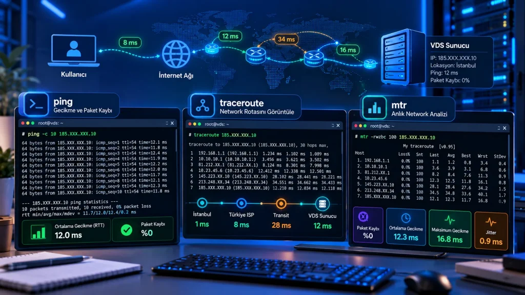 VDS sunucuda ping traceroute ve MTR ile network latency ölçümü