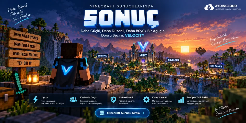 Velocity Proxy kullanan modern Minecraft ağ yapısını ve yüksek performanslı sunucu altyapısını gösteren AydınCloud görseli.