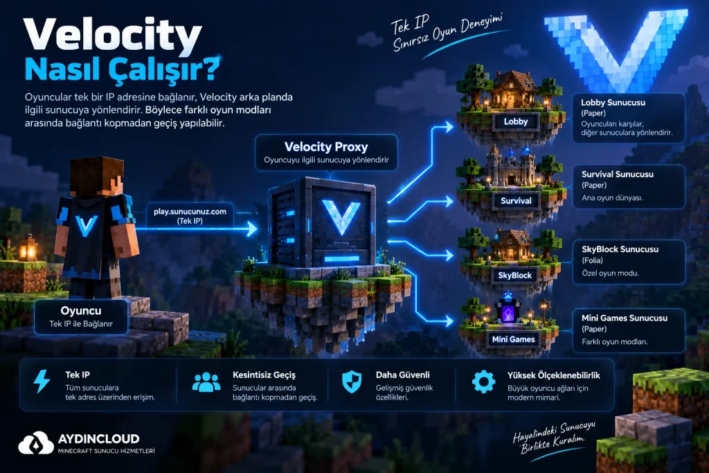 Velocity Proxy'nin oyuncuları Lobby, Survival, SkyBlock ve Mini Games sunucularına yönlendirme mantığını gösteren Minecraft infografiği.