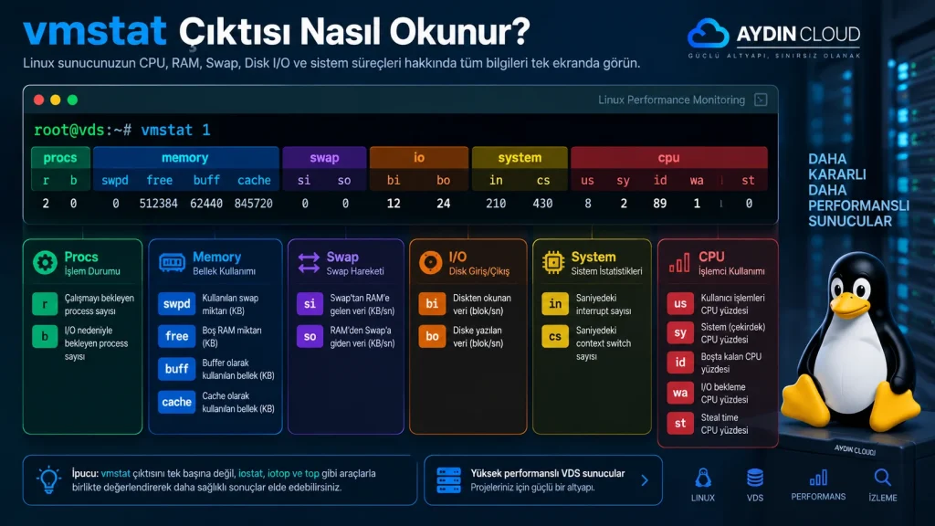vmstat çıktısı nasıl okunur? Linux sistemlerde procs, memory, swap, I/O, system ve CPU sütunlarının açıklamasını gösteren infografik.
