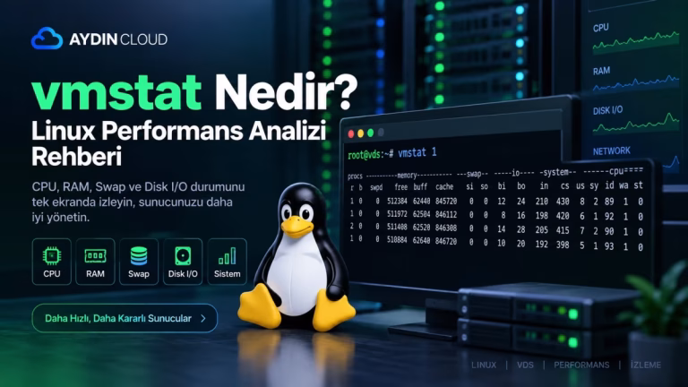 vmstat nedir? Linux sunucularda CPU, RAM, Swap ve Disk I/O performansını analiz etmeyi gösteren AydınCloud rehber görseli.